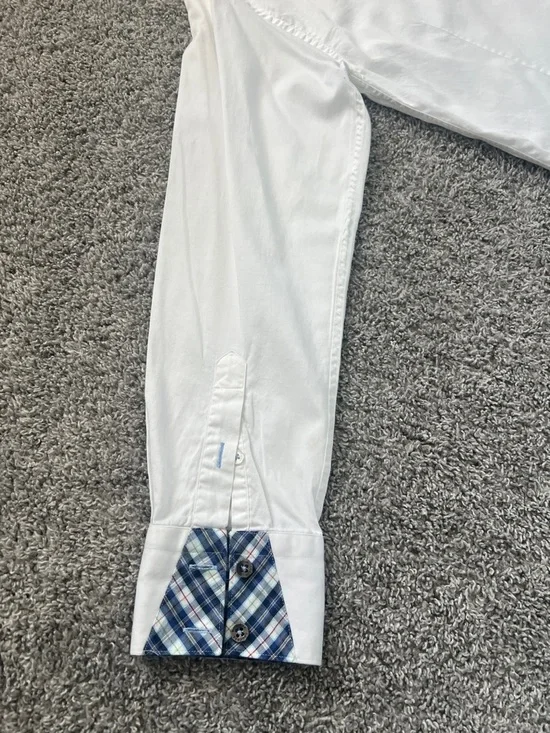 Bogosse White Men's Button-Down Shirt with Blue Plaid Trim Flip Cuffs Size 4 (L) - Picture 6 of 15